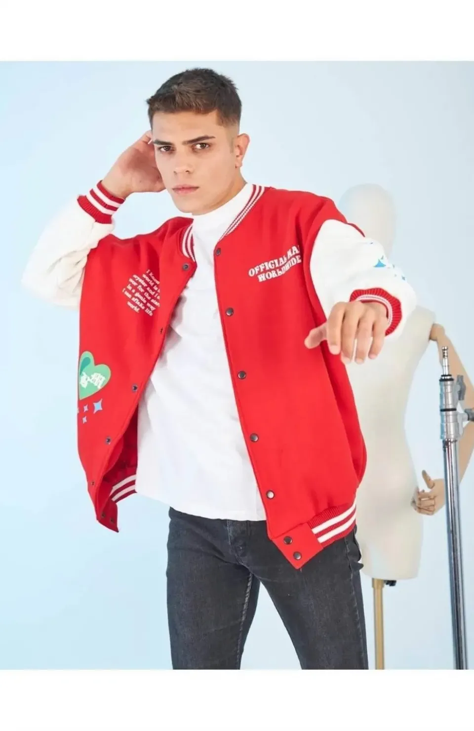 Erkek Kolları Yıldız Sırt Baskılı Oversize Kolej Ceket - Kırmızı Somersan Giyim | Kadın, Erkek ve Çocuk Moda