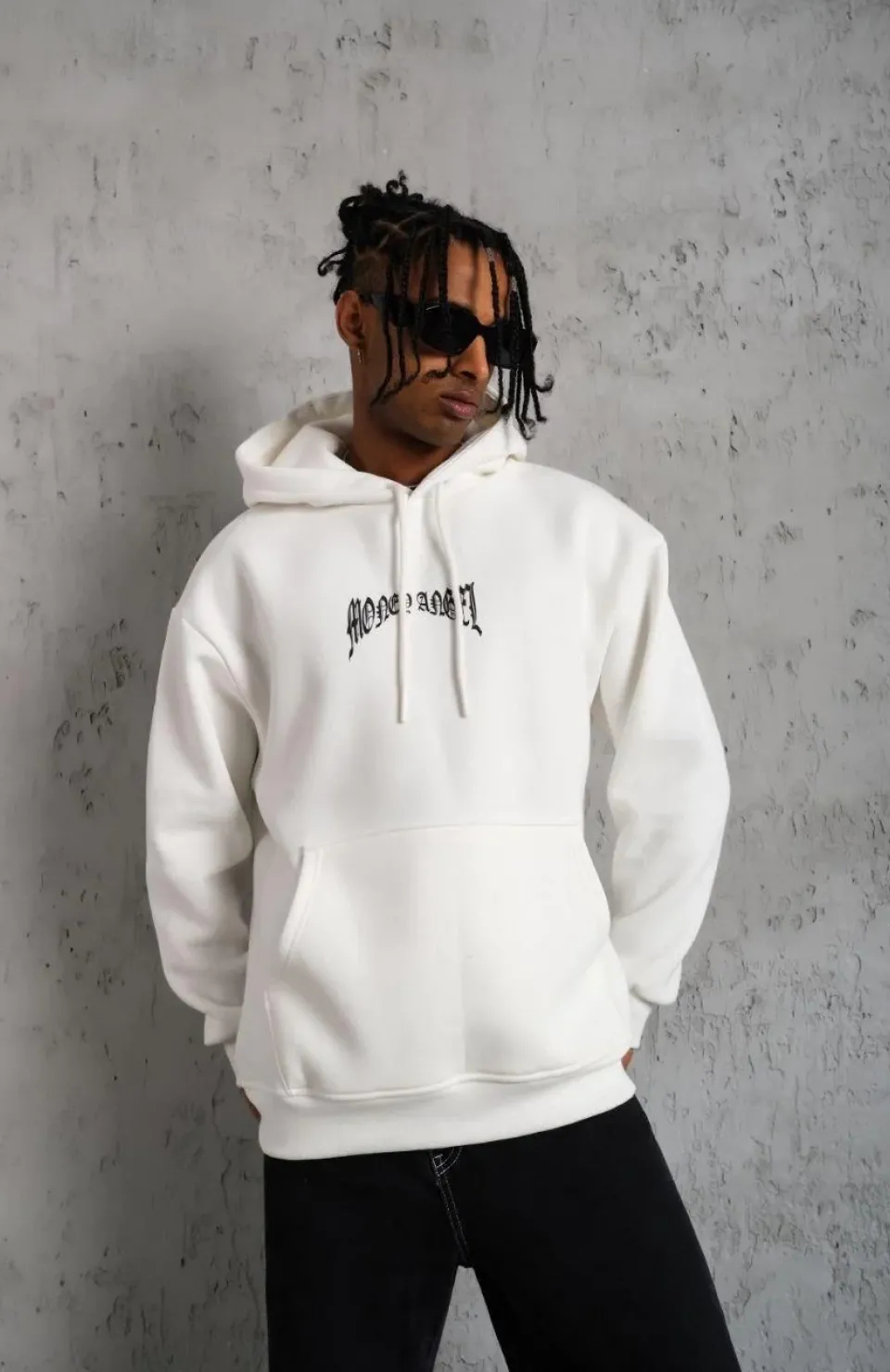 Erkek Kordon İpli Baskılı Kapüşonlu Sweatshirt - Beyaz