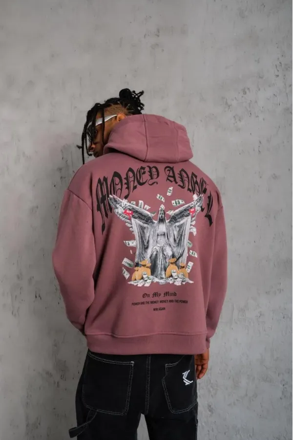 Erkek Kordon İpli Baskılı Kapüşonlu Sweatshirt - Gül Kurusu