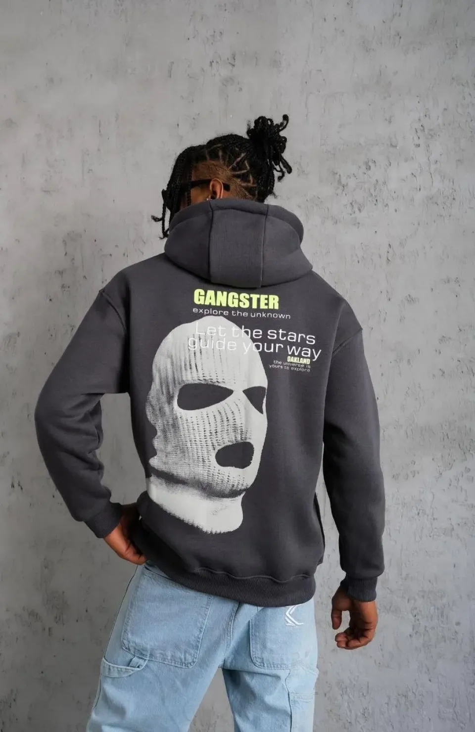 Erkek Kordonlu Maske Baskılı Kapşonlu Sweat - Gri Somersan Giyim | Kadın, Erkek ve Çocuk Moda