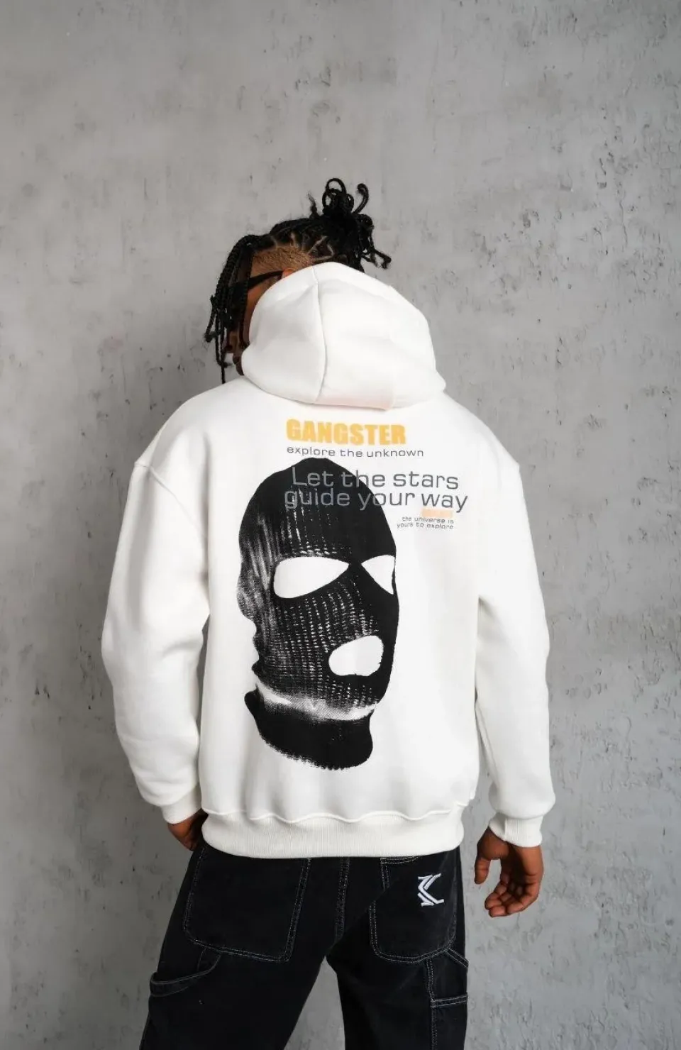 Erkek Kordonlu Maske Baskılı Kapüşonlu Sweat - Beyaz Somersan Giyim | Kadın, Erkek ve Çocuk Moda