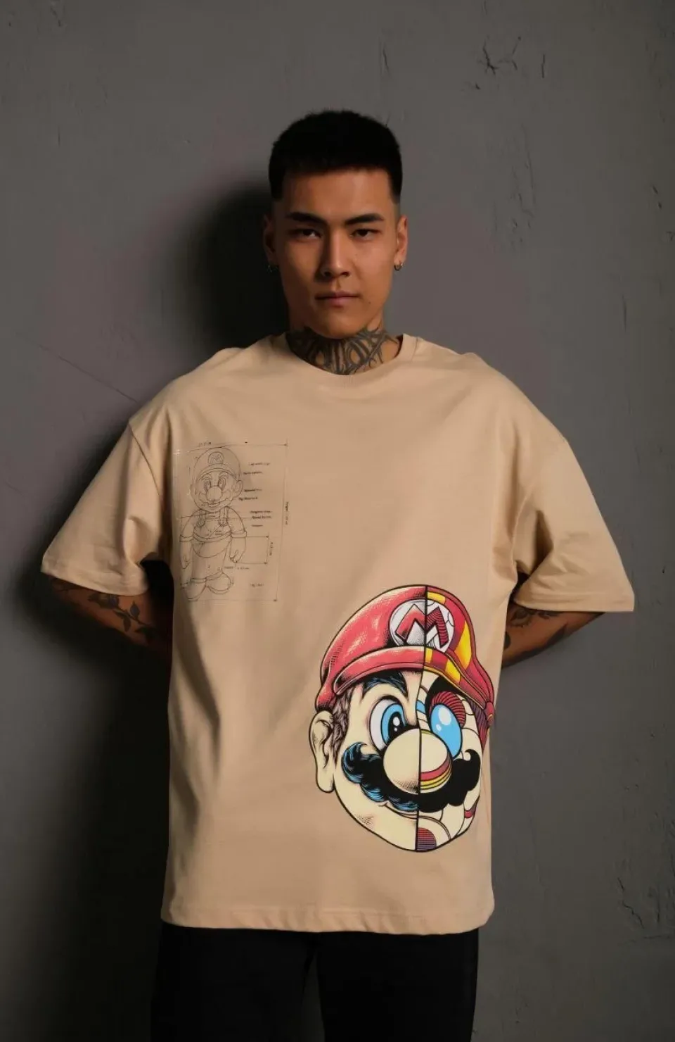 Erkek Mario Baskılı Oversize T-Shirt - Bej Somersan Giyim | Kadın, Erkek ve Çocuk Moda