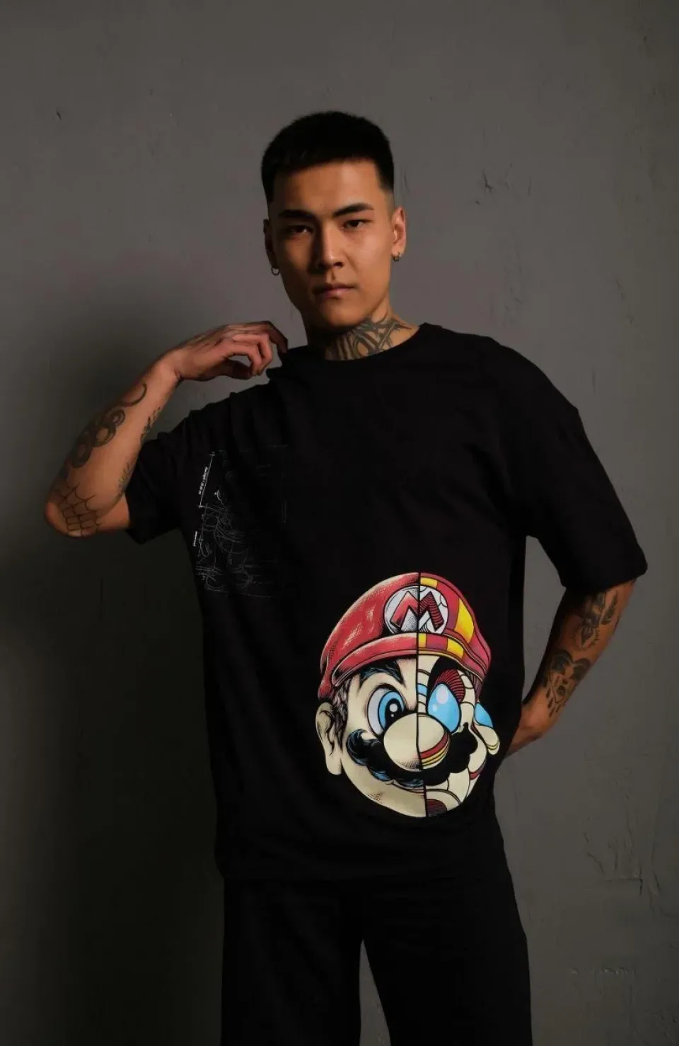 Erkek Mario Baskılı Oversize T-Shirt - Siyah