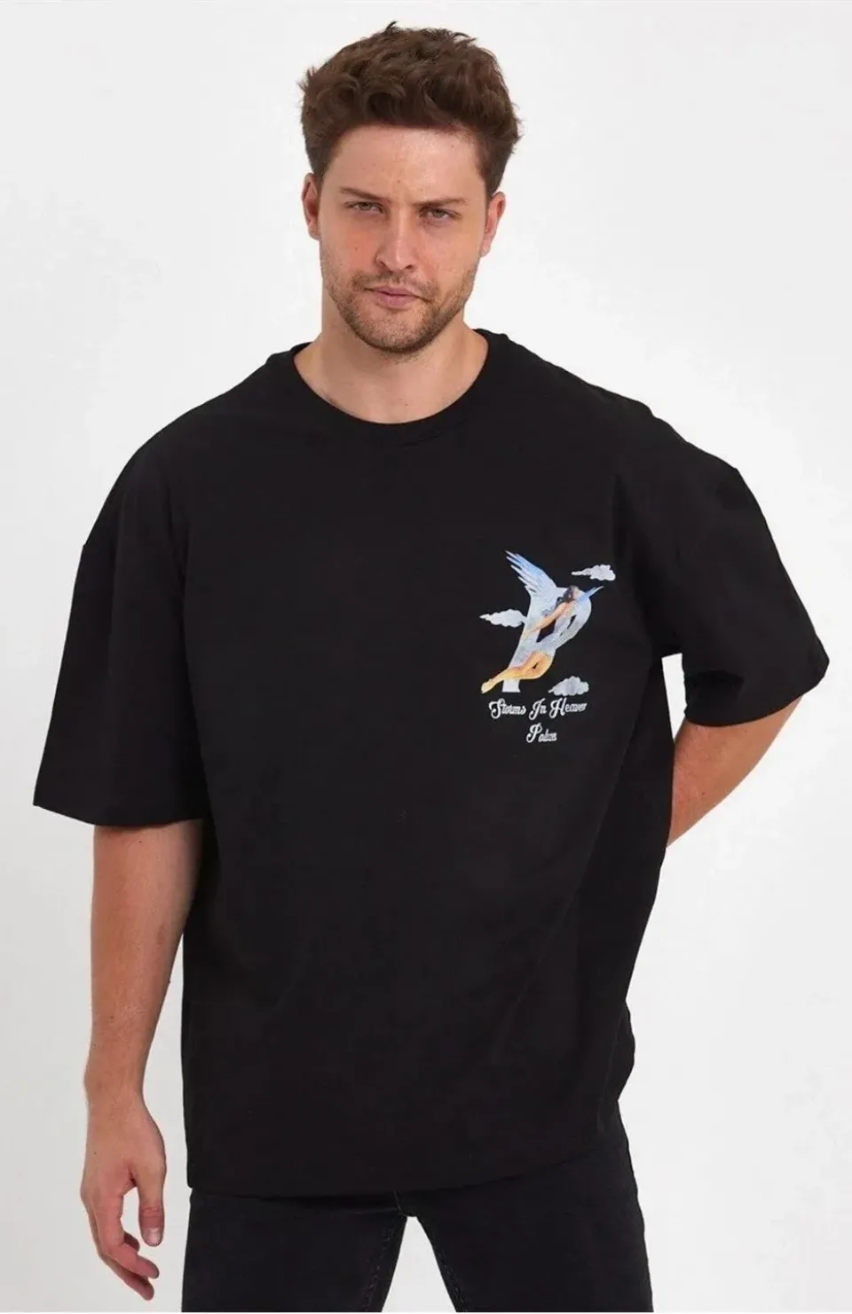 Erkek Melek Baskılı Oversize T-shirt - Siyah