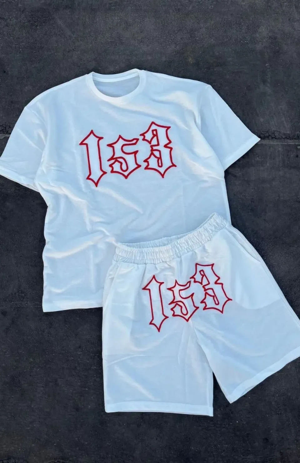 Erkek Nakış İşlemeli Şortlu Takım - Beyaz