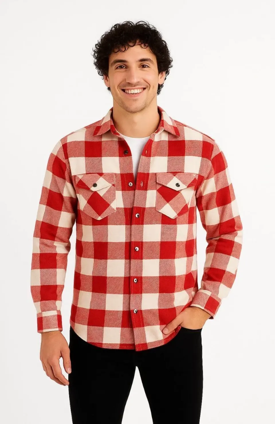 Erkek Oduncu Gömlek – Uzun Kollu, Şardonlu Kumaş, Kareli Desen, Regular Fit, Manşetli, Çift Cepli, Rahat Günlük Bahar & Kış Stil - Kırmızı