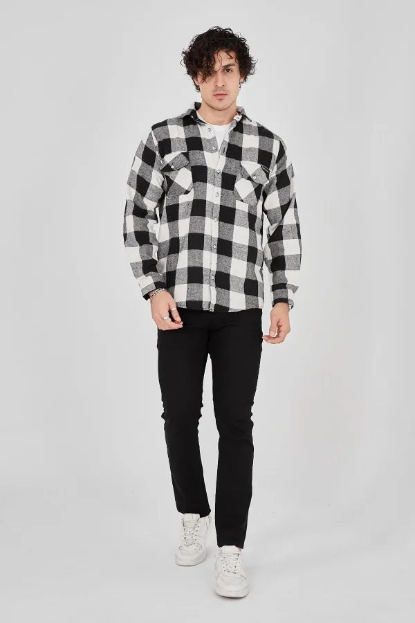 Erkek Oduncu Gömlek – Uzun Kollu, Şardonlu Kumaş, Kareli Desen, Regular Fit, Manşetli, Çift Cepli, Rahat Günlük Bahar & Kış Stil - Siyah