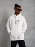 Erkek Ön Arka Baskılı Kapşonlu Sweat - Beyaz