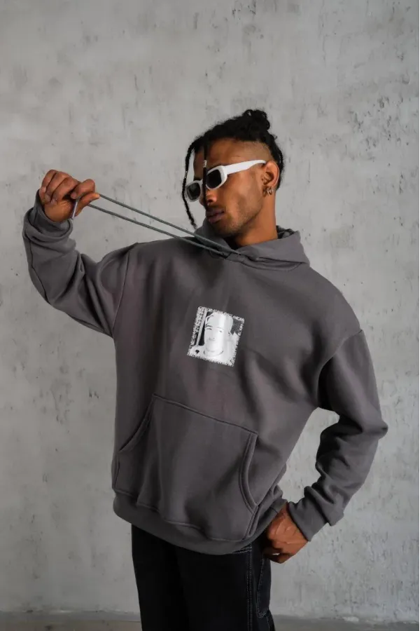 Erkek Ön Arka Baskılı Kapşonlu Sweat - Gri