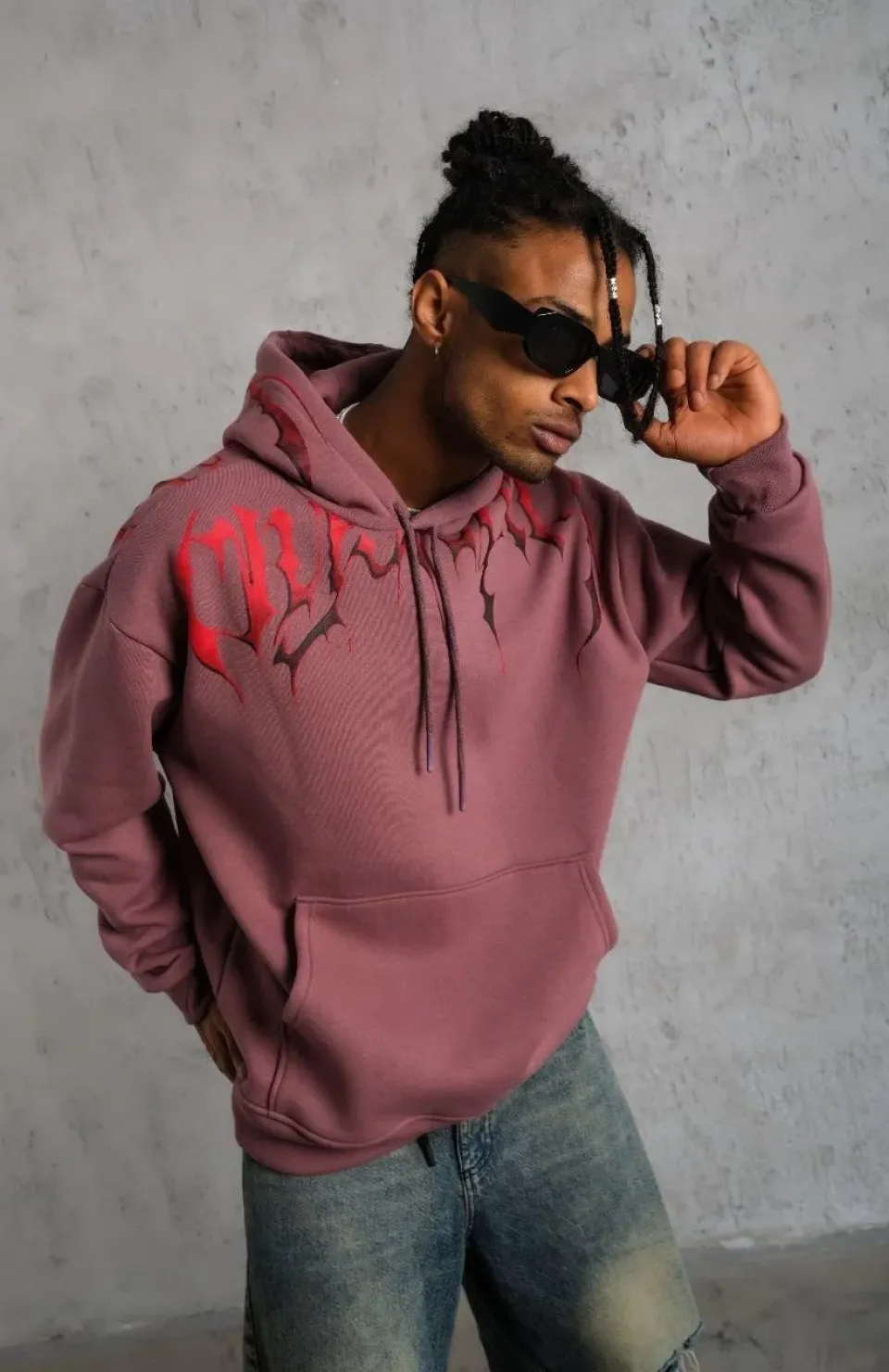 Erkek Ön ve Arka Baskılı Kapüşonlu 3 İplik Sweatshirt - Gül Kurusu Somersan Giyim | Kadın, Erkek ve Çocuk Moda