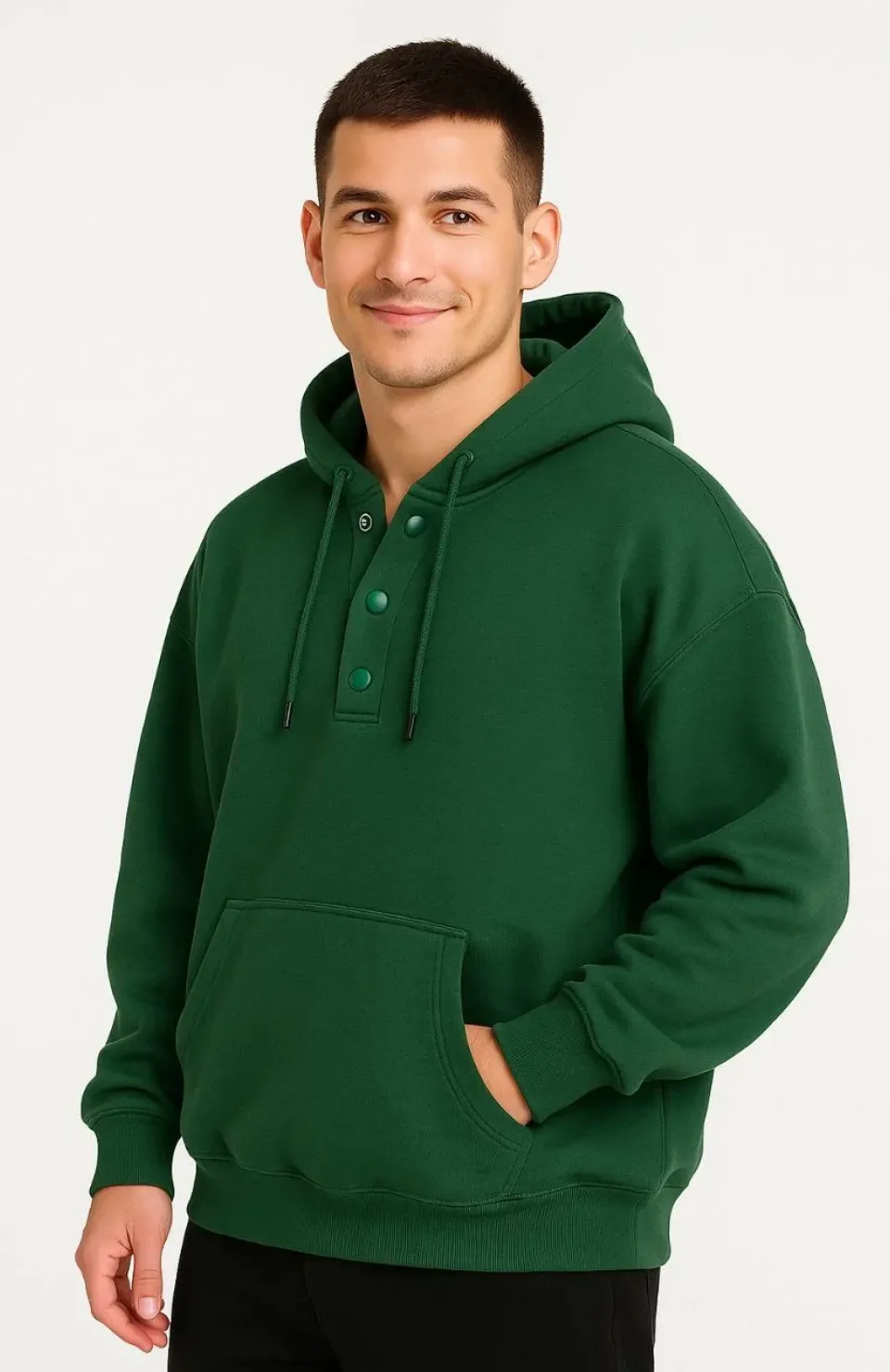 Erkek Ovarsize Kapüşonlu Swetshirt Kanguru Çepli Cıtcıtlı 3 iplik Şardonlu Hoodie - Haki