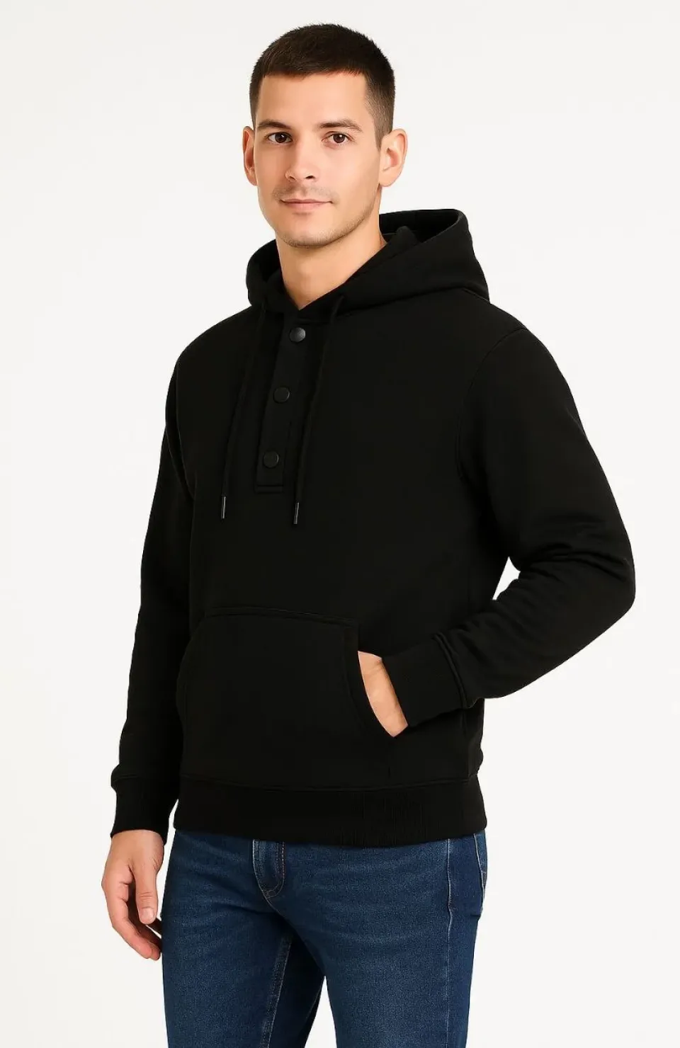 Erkek Ovarsize Kapüşonlu Swetshirt Kanguru Çepli Cıtcıtlı 3 iplik Şardonlu Hoodie - Siyah