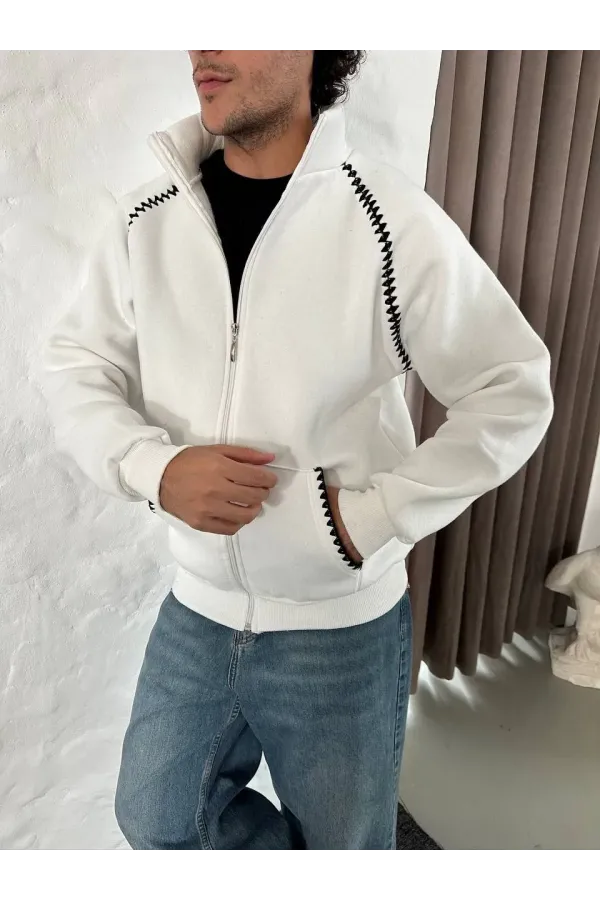 Erkek Oversize Dik Yaka Fermuarlı Sweatshirt - Zincir Nakışli Kanguru Cepli - Beyaz