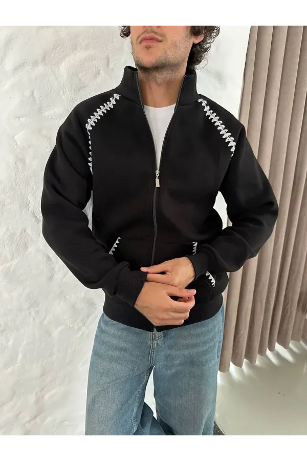 Erkek Oversize Dik Yaka Fermuarlı Sweatshirt - Zincir Nakışli Kanguru Cepli - Siyah