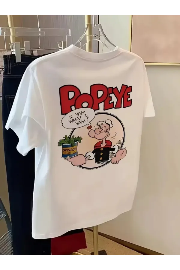 Erkek Oversize Tişörtü  Popeye the Sailor Retro Vintage Ispanak | Hediye olarak idealdir, farklı boyutları mevcuttur. - Beyaz