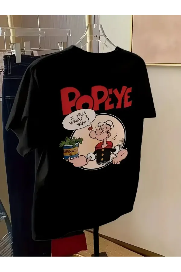 Erkek Oversize Tişörtü  Popeye the Sailor Retro Vintage Ispanak | Hediye olarak idealdir, farklı boyutları mevcuttur. - Siyah