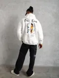Erkek Oversize Üç İplik Şardonlu Kapüşonlu Sweatshirt – Beyaz “Other Lives” Ön ve Arka Baskılı, Kanguru Cepli, Ribanalı Rahat Kışlık Model Beyaz
