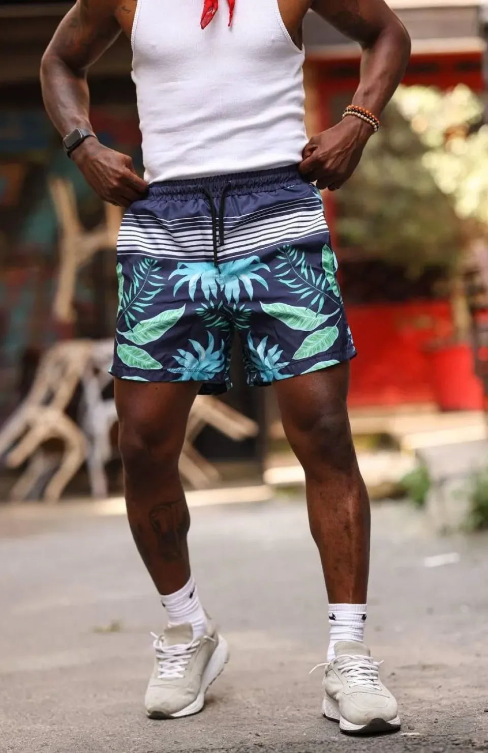 Erkek Palmiye Desenli Deniz Cepli Şort - Mavi