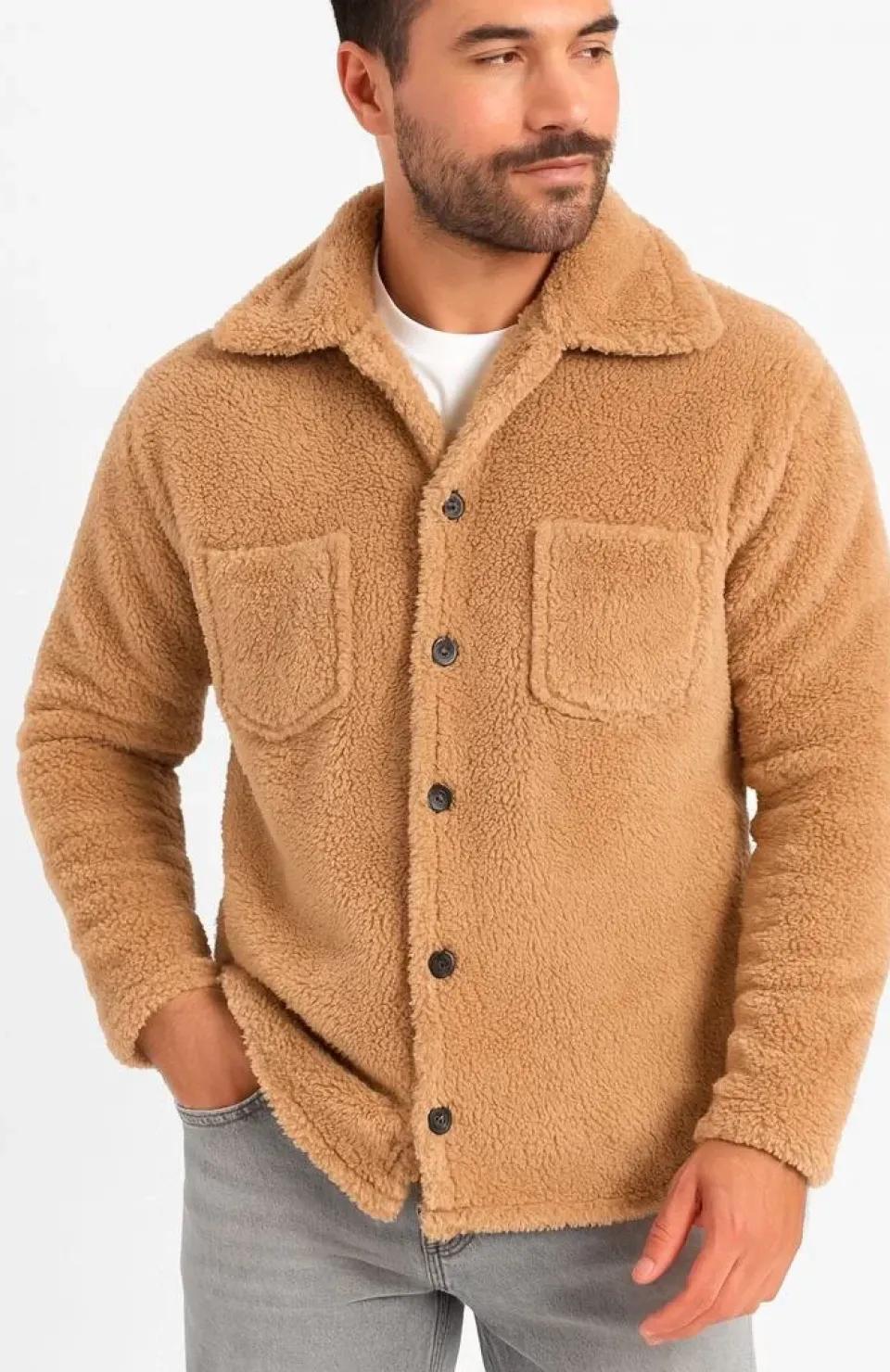 Erkek Pelüş Polar Hırka Gömlek – Yakalı, İlik Düğmeli, Göğüs Cepli, Yumuşak Dokulu Kışlık Regular Fit Rahat Günlük Model - Açık Kahve