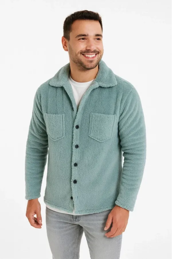 Erkek Pelüş Polar Hırka Gömlek – Yakalı, İlik Düğmeli, Göğüs Cepli, Yumuşak Dokulu Kışlık Regular Fit Rahat Günlük Model - Bebe Mavisi