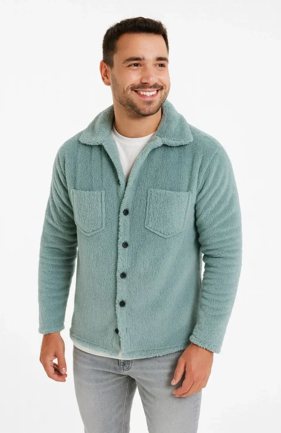 Erkek Pelüş Polar Hırka Gömlek – Yakalı, İlik Düğmeli, Göğüs Cepli, Yumuşak Dokulu Kışlık Regular Fit Rahat Günlük Model - Bebe Mavisi