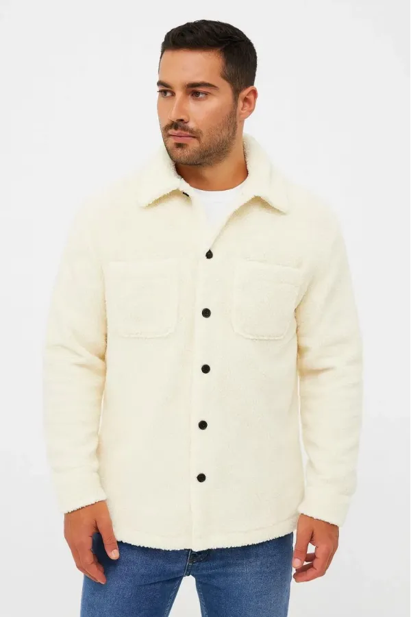 Erkek Pelüş Polar Hırka Gömlek – Yakalı, İlik Düğmeli, Göğüs Cepli, Yumuşak Dokulu Kışlık Regular Fit Rahat Günlük Model - Beyaz