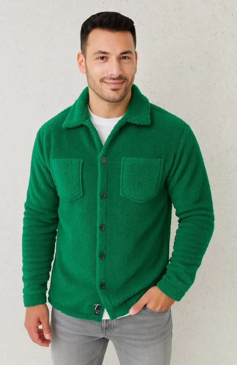 Erkek Pelüş Polar Hırka Gömlek – Yakalı, İlik Düğmeli, Göğüs Cepli, Yumuşak Dokulu Kışlık Regular Fit Rahat Günlük Model - Çimen Yeşili