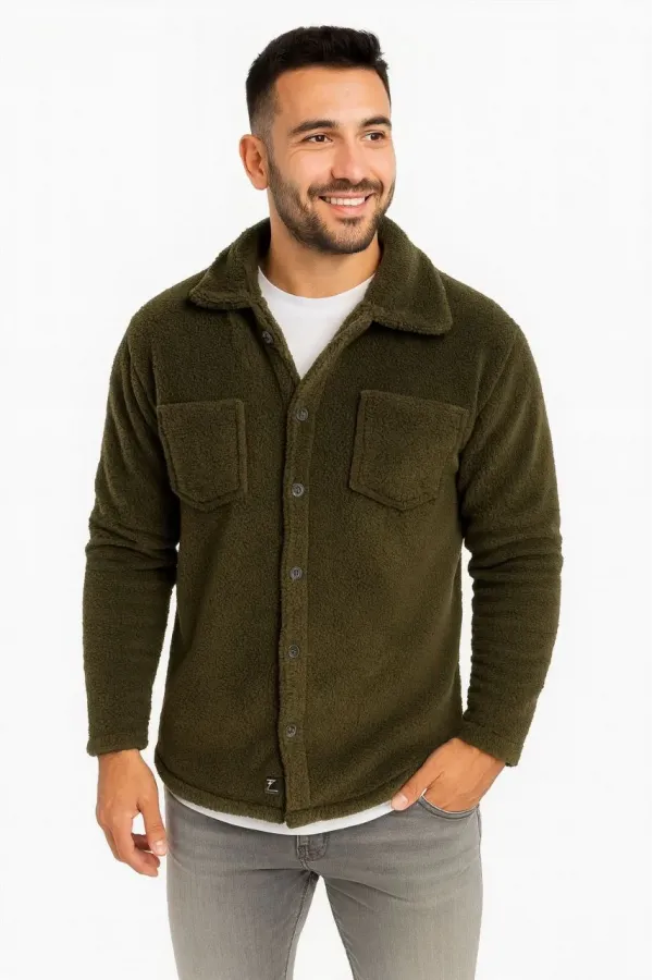 Erkek Pelüş Polar Hırka Gömlek – Yakalı, İlik Düğmeli, Göğüs Cepli, Yumuşak Dokulu Kışlık Regular Fit Rahat Günlük Model - Haki
