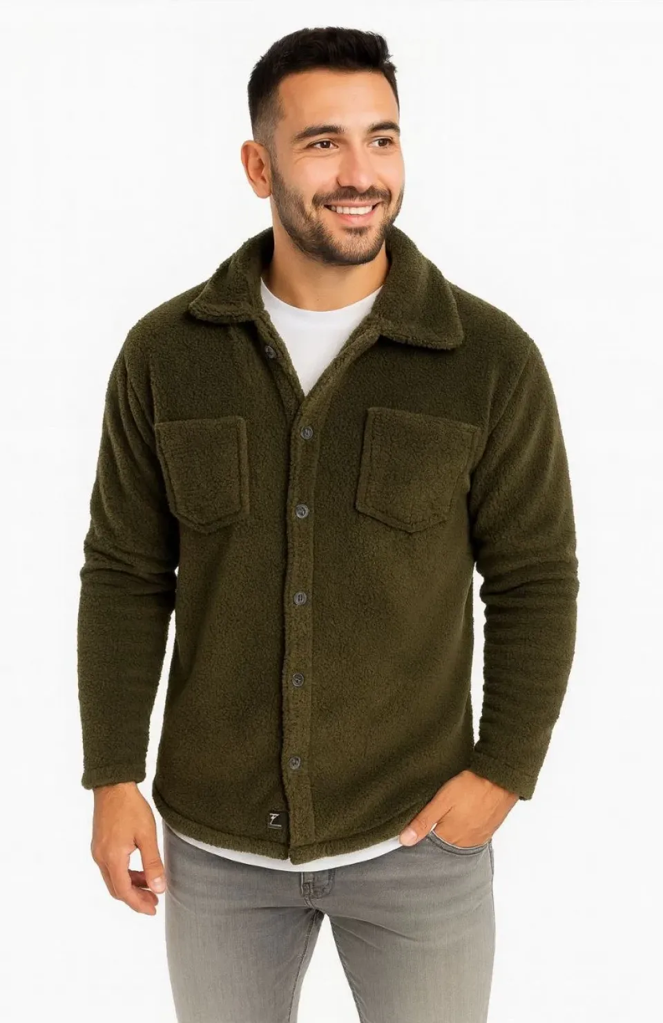 Erkek Pelüş Polar Hırka Gömlek – Yakalı, İlik Düğmeli, Göğüs Cepli, Yumuşak Dokulu Kışlık Regular Fit Rahat Günlük Model - Haki