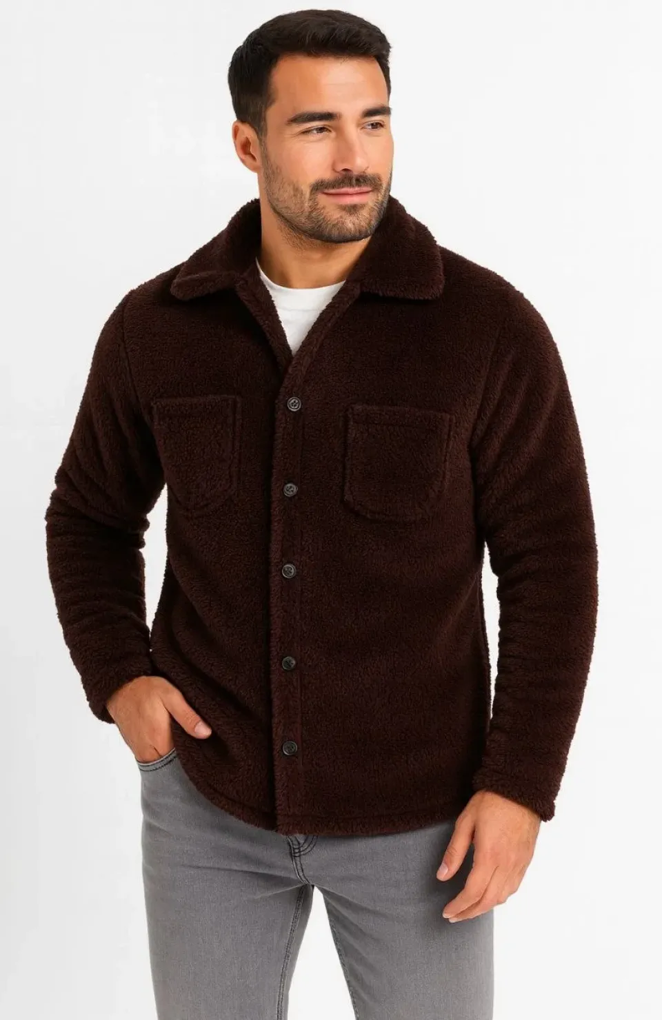 Erkek Pelüş Polar Hırka Gömlek – Yakalı, İlik Düğmeli, Göğüs Cepli, Yumuşak Dokulu Kışlık Regular Fit Rahat Günlük Model - Kahverengi