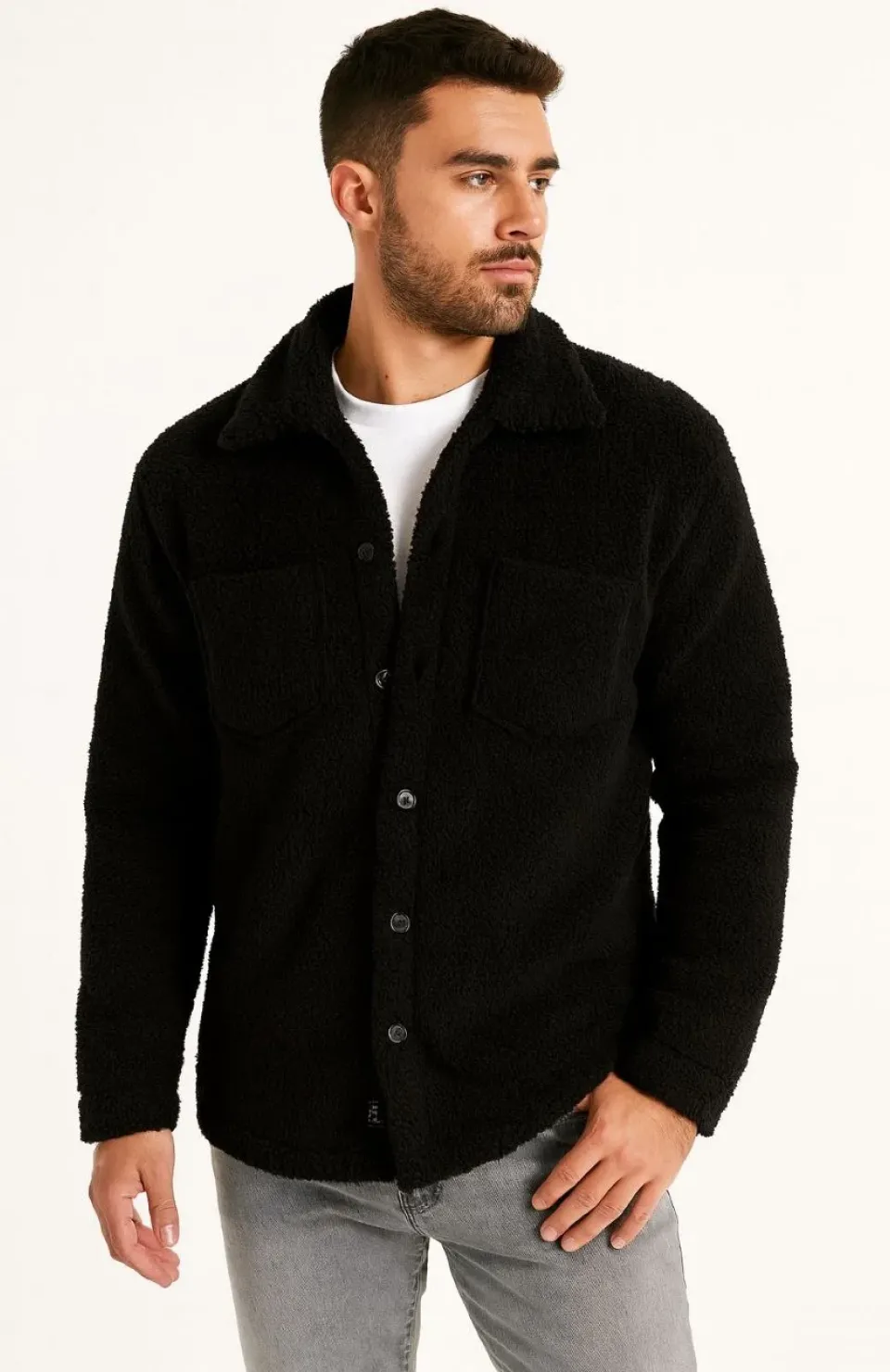 Erkek Pelüş Polar Hırka Gömlek – Yakalı, İlik Düğmeli, Göğüs Cepli, Yumuşak Dokulu Kışlık Regular Fit Rahat Günlük Model - Siyah
