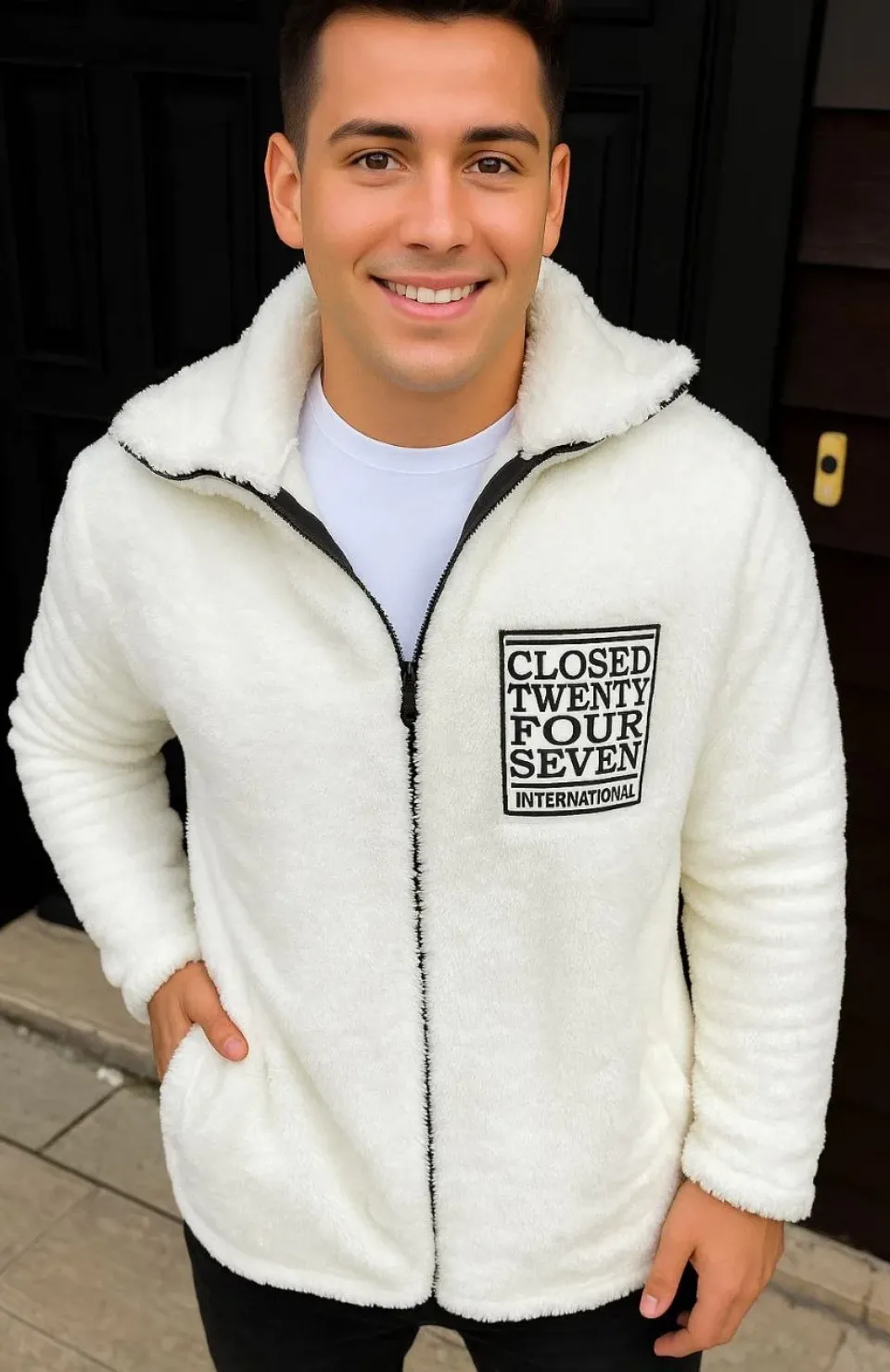 Erkek Polar Fermuarlı Sweatshirt – Kapüşonsuz, Cepli, Yumuşak Dokulu, Oversize Rahat Kalıp, Kışlık Sıcak Tutan Fermuarlı Üst - Beyaz