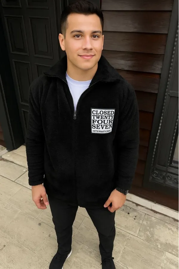 Erkek Polar Fermuarlı Sweatshirt – Kapüşonsuz, Cepli, Yumuşak Dokulu, Oversize Rahat Kalıp, Kışlık Sıcak Tutan Fermuarlı Üst - Siyah