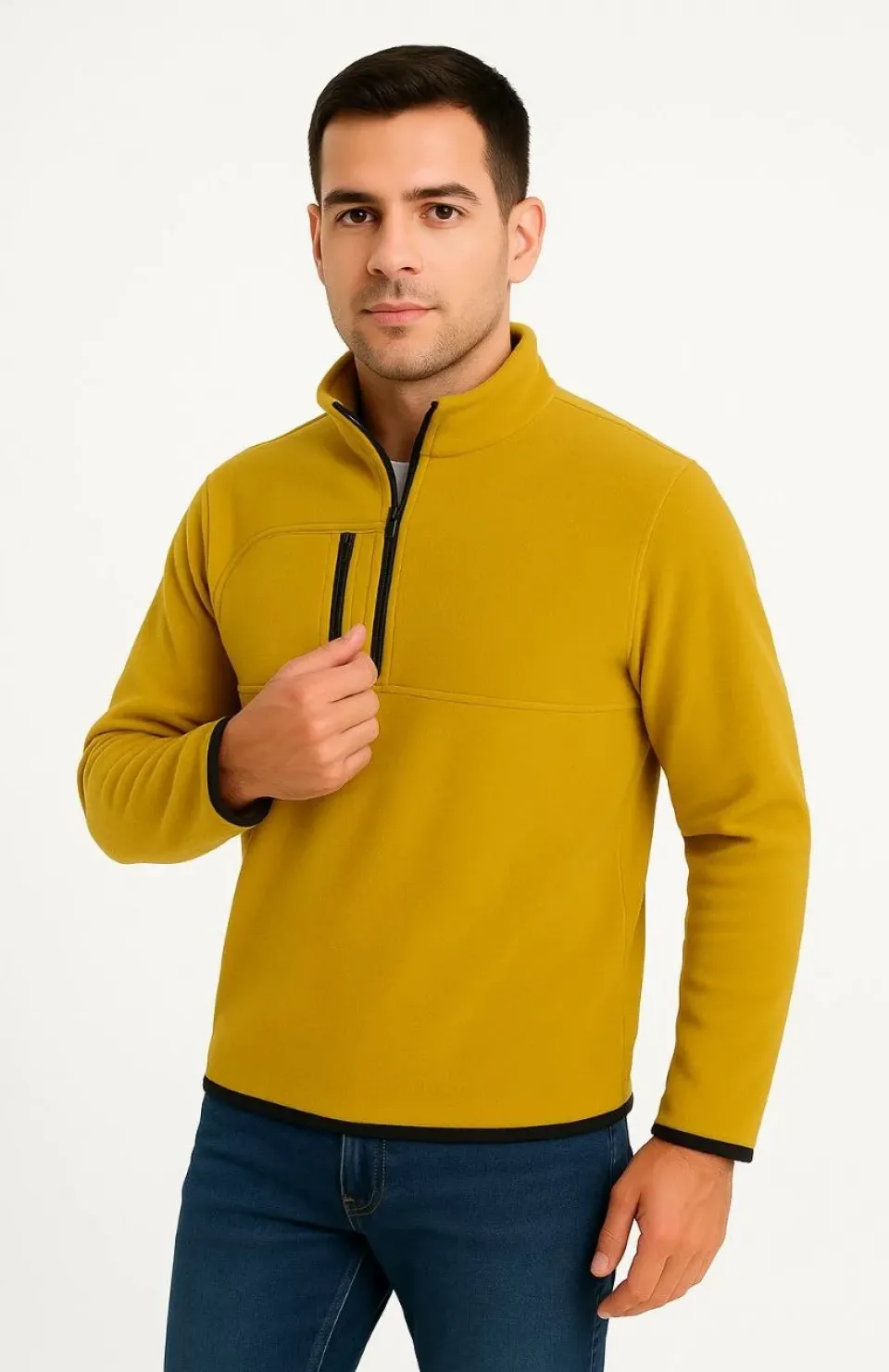 Erkek Polar Kazak – Dik Yaka, Yarım Fermuarlı, Fermuarlı Göğüs Cepli, Siyah Biyeli, Kışlık Rahat Regular Fit Günlük Model - Sarı