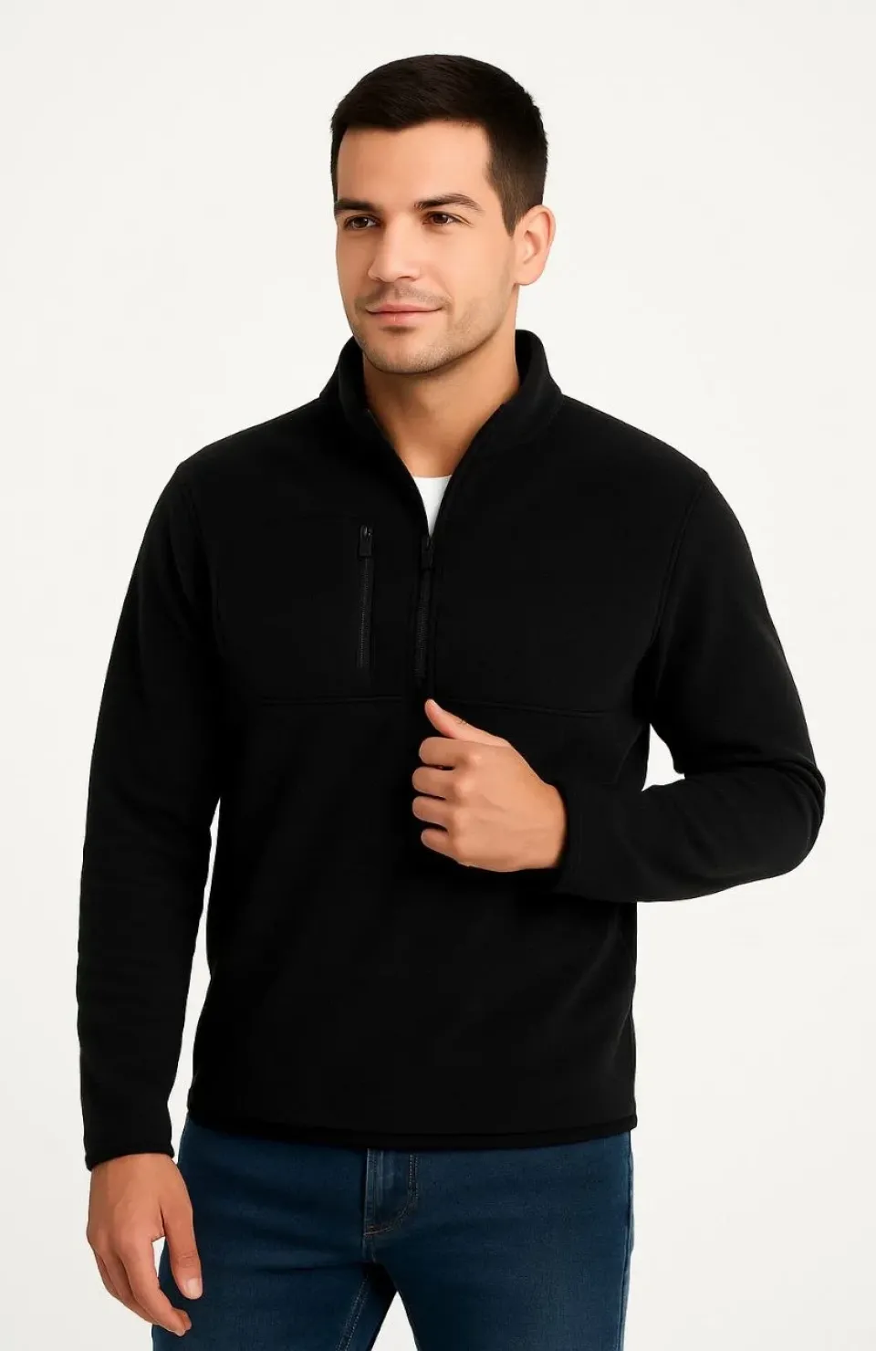 Erkek Polar Kazak – Dik Yaka, Yarım Fermuarlı, Fermuarlı Göğüs Cepli, Siyah Biyeli, Kışlık Rahat Regular Fit Günlük Model - Siyah