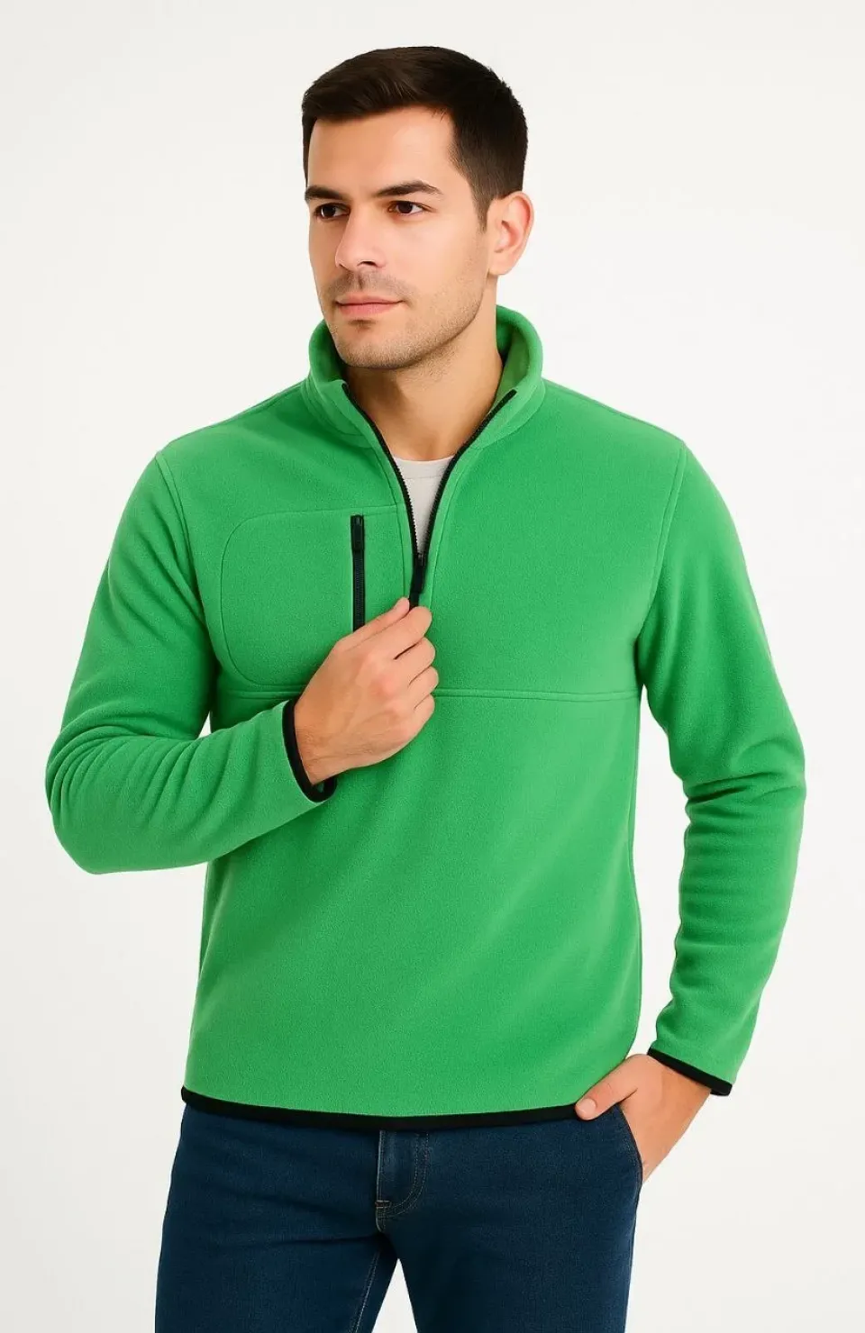Erkek Polar Kazak – Dik Yaka, Yarım Fermuarlı, Fermuarlı Göğüs Cepli, Siyah Biyeli, Kışlık Rahat Regular Fit Günlük Model - Yeşil