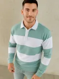 Erkek Polo Yaka Uzun Kollu Çizgili Sweatshirt Trend Rugby Stil - Çağla Yeşili