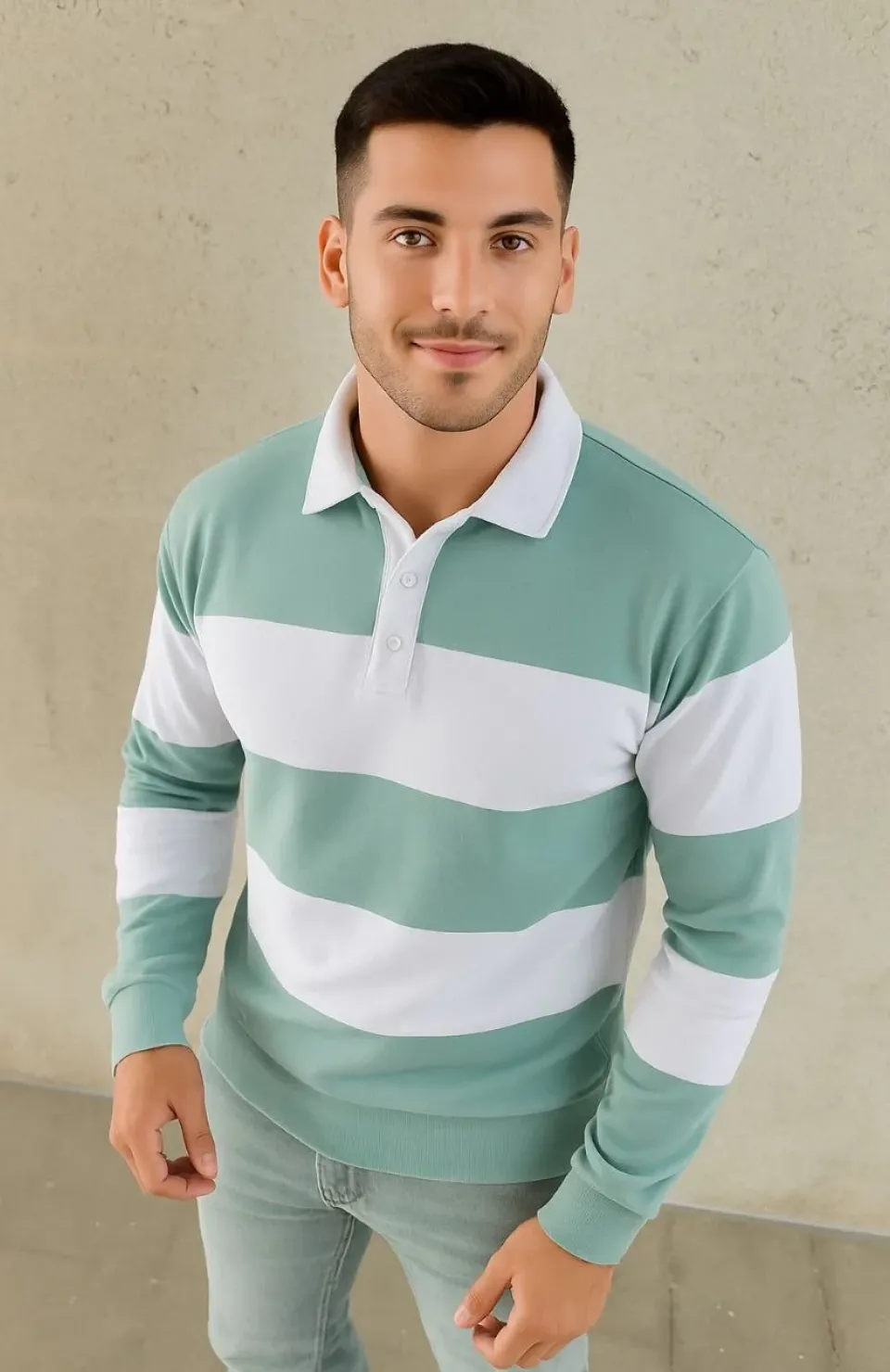 Erkek Polo Yaka Uzun Kollu Çizgili Sweatshirt Trend Rugby Stil - Çağla Yeşili