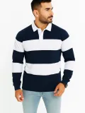Erkek Polo Yaka Uzun Kollu Çizgili Sweatshirt Trend Rugby Stil - Lacivert