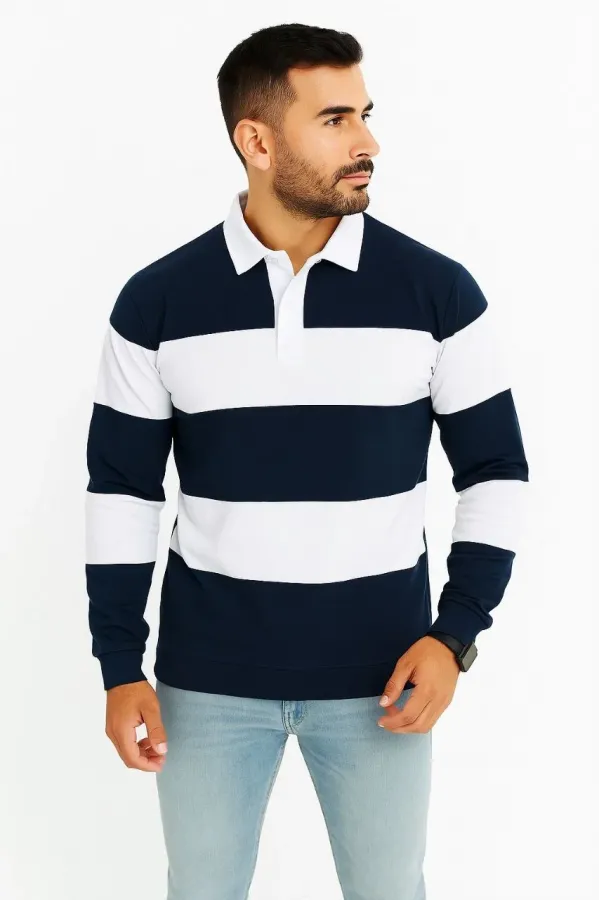 Erkek Polo Yaka Uzun Kollu Çizgili Sweatshirt Trend Rugby Stil - Lacivert