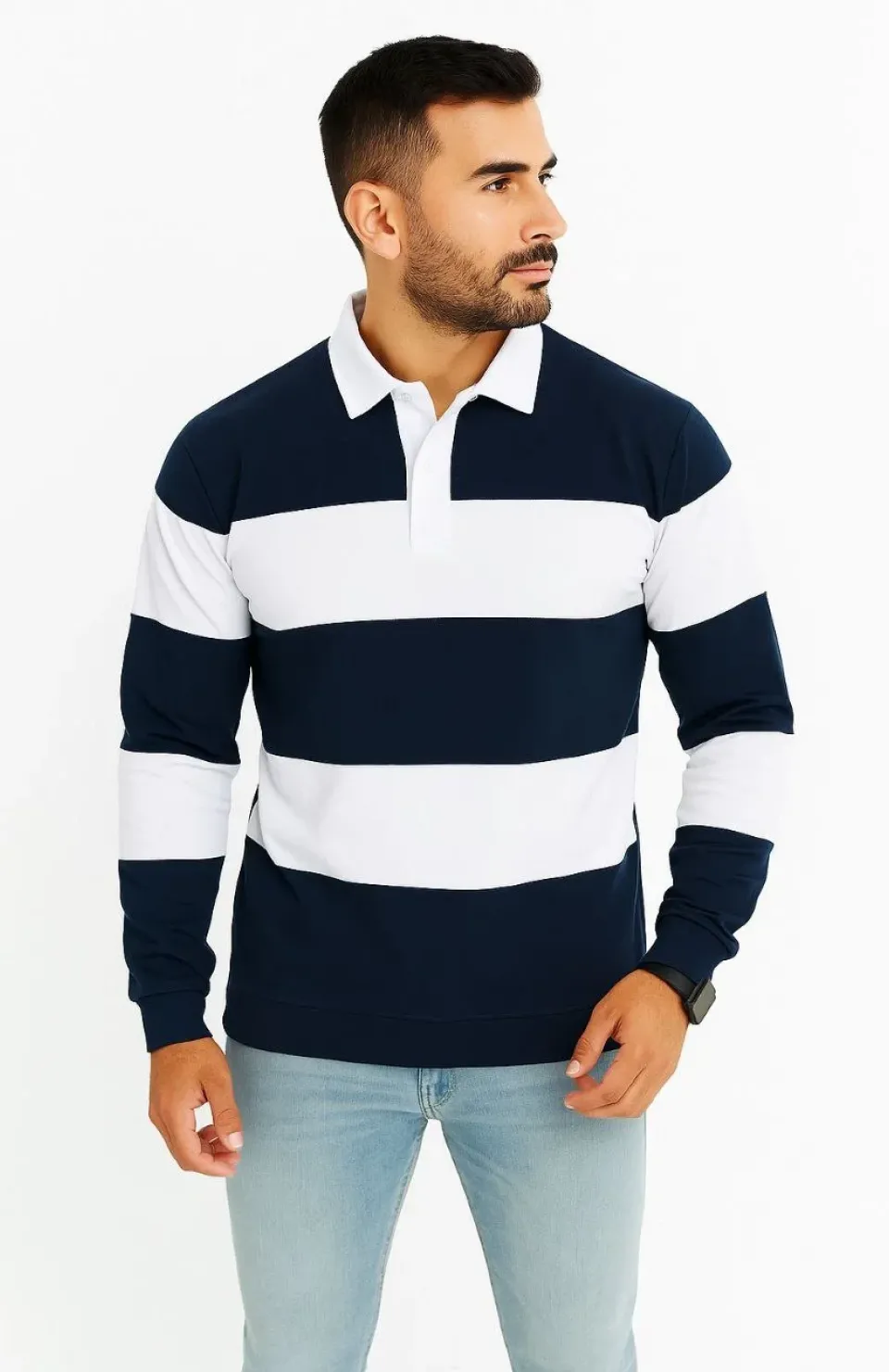 Erkek Polo Yaka Uzun Kollu Çizgili Sweatshirt Trend Rugby Stil - Lacivert