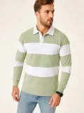 Erkek Polo Yaka Uzun Kollu Çizgili Sweatshirt Trend Rugby Stil - Mint Yeşili