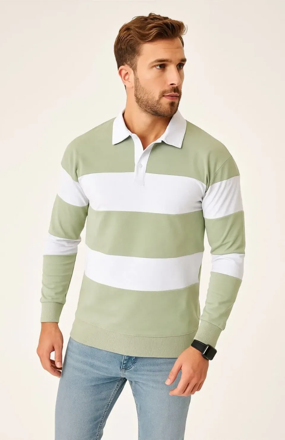 Erkek Polo Yaka Uzun Kollu Çizgili Sweatshirt Trend Rugby Stil - Mint Yeşili