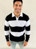 Erkek Polo Yaka Uzun Kollu Çizgili Sweatshirt Trend Rugby Stil - Siyah