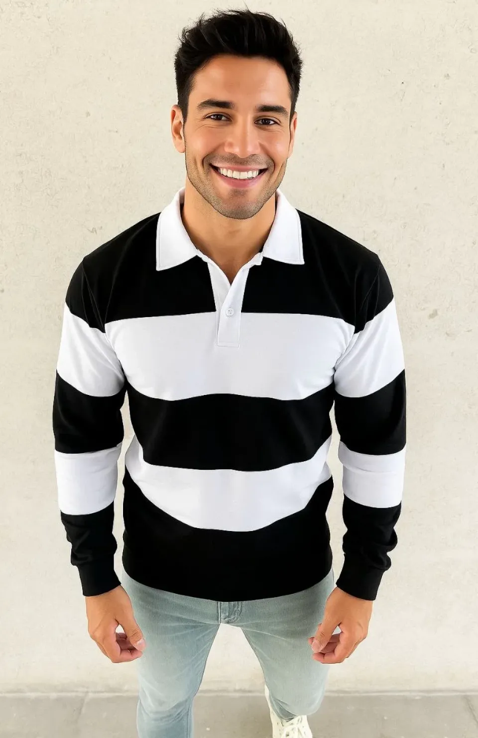 Erkek Polo Yaka Uzun Kollu Çizgili Sweatshirt Trend Rugby Stil - Siyah