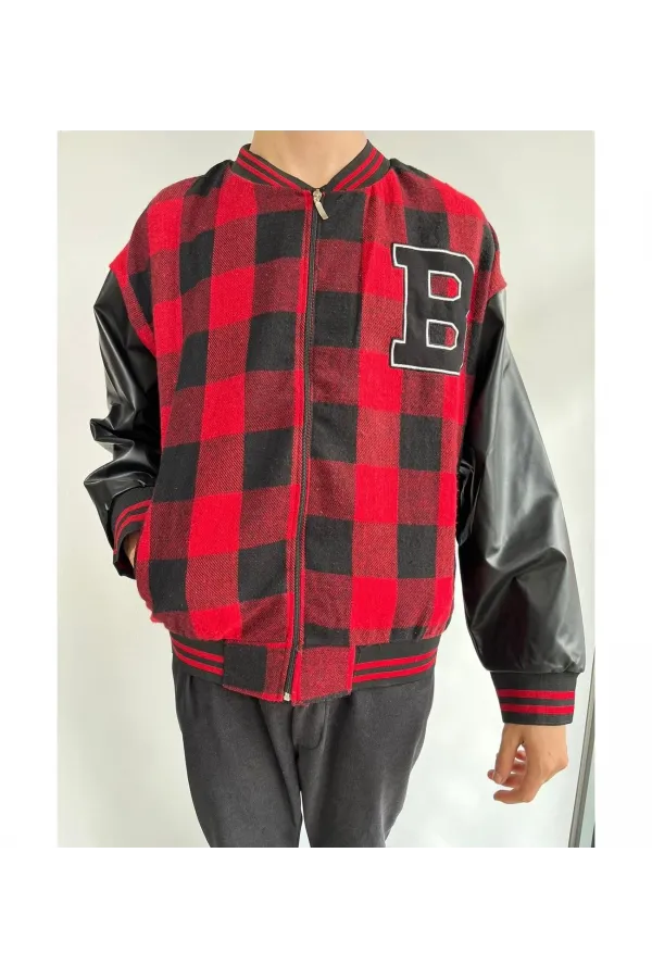 Erkek Pötikare Desen Nakışlı Kolej Ceket - Kırmızı