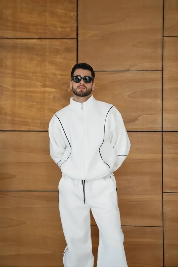 Erkek Premium Parçalı Eşofman Takım - Dik Yaka Fermuarlı Biyeli Sweatshirt Lastik Paça Alt, Oversize 3 iplik Şardonlu - Beyaz