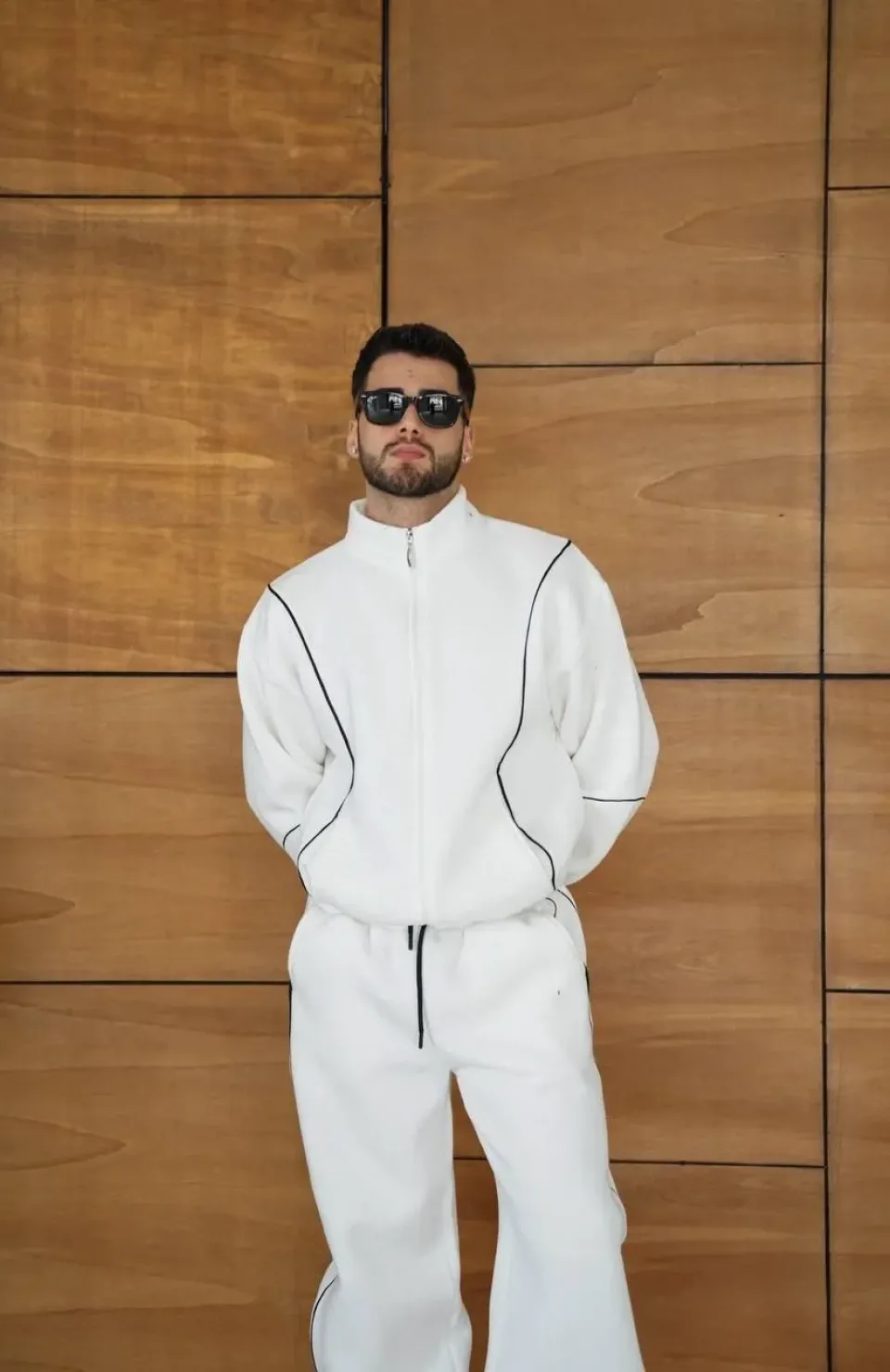 Erkek Premium Parçalı Eşofman Takım - Dik Yaka Fermuarlı Biyeli Sweatshirt Lastik Paça Alt, Oversize 3 iplik Şardonlu - Beyaz