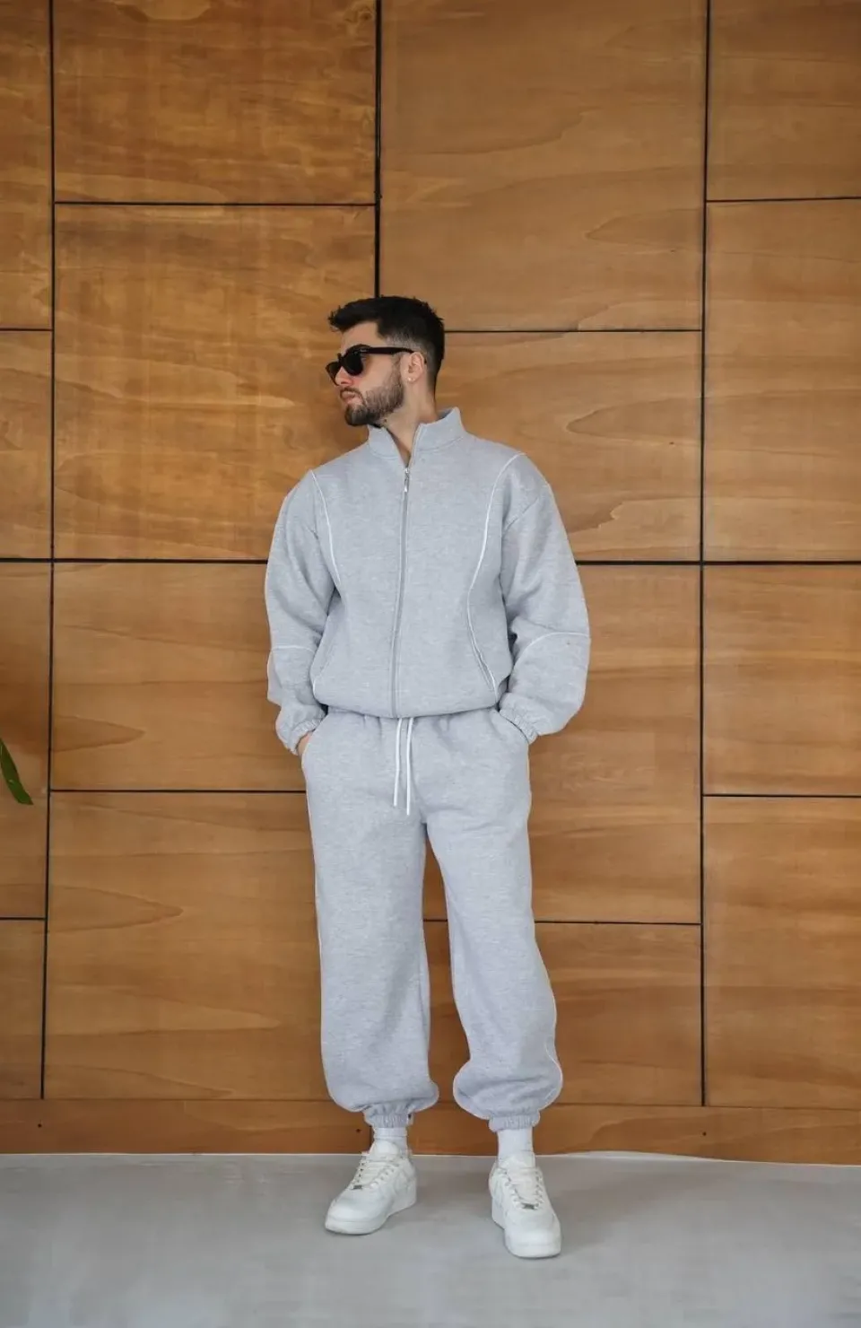 Erkek Premium Parçalı Eşofman Takım - Dik Yaka Fermuarlı Biyeli Sweatshirt Lastik Paça Alt, Oversize 3 iplik Şardonlu - Gri