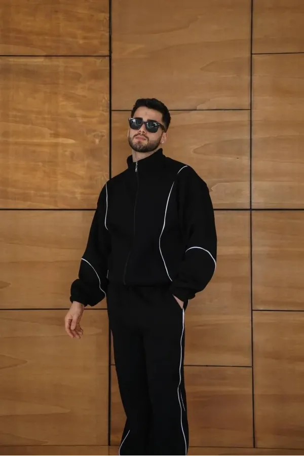 Erkek Premium Parçalı Eşofman Takım - Dik Yaka Fermuarlı Biyeli Sweatshirt Lastik Paça Alt, Oversize 3 iplik Şardonlu - Siyah
